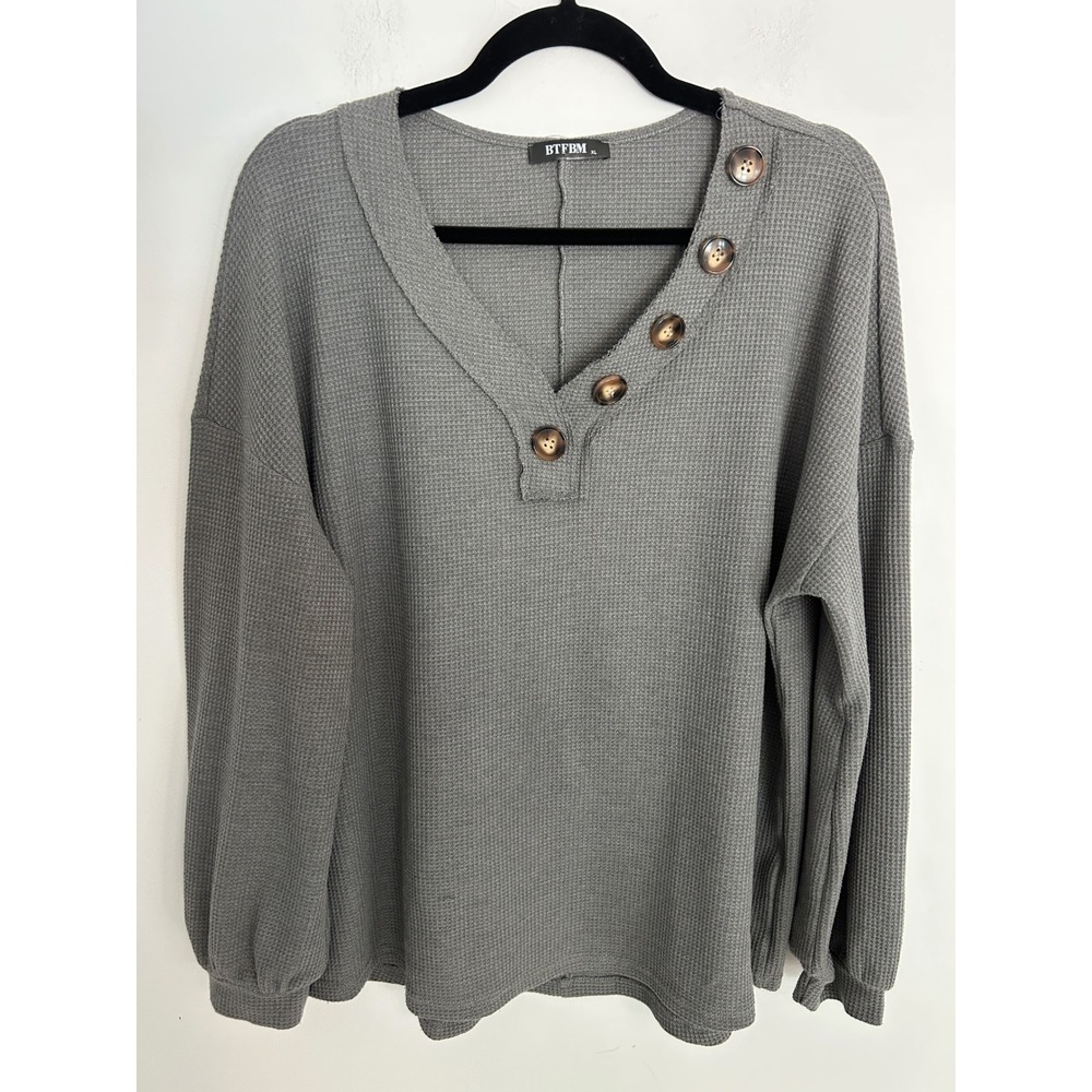 BTFBM Womens XL Waffle Knit V-Neck Button Accent Top Gray Long Sleeve